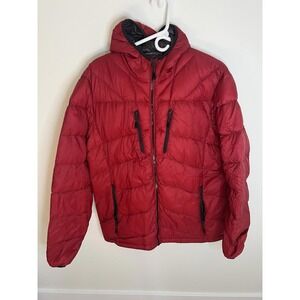 Hemisphere Men LG Outdoor Apparel Red Puffy Hood Jacket Full Zip Duck Down Camp